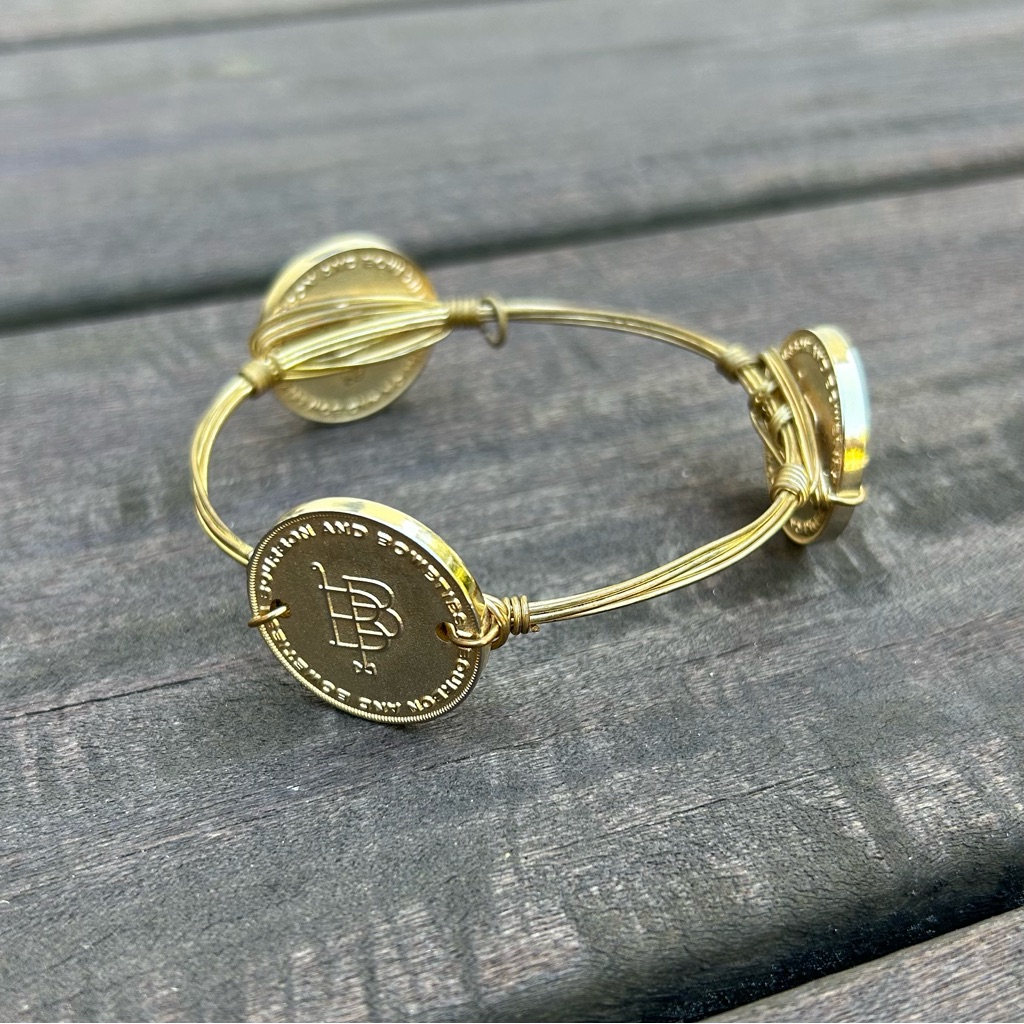 Bourbon And Bowties Gold Elephant Wire Bangle Bracelet W/ Coin Detail